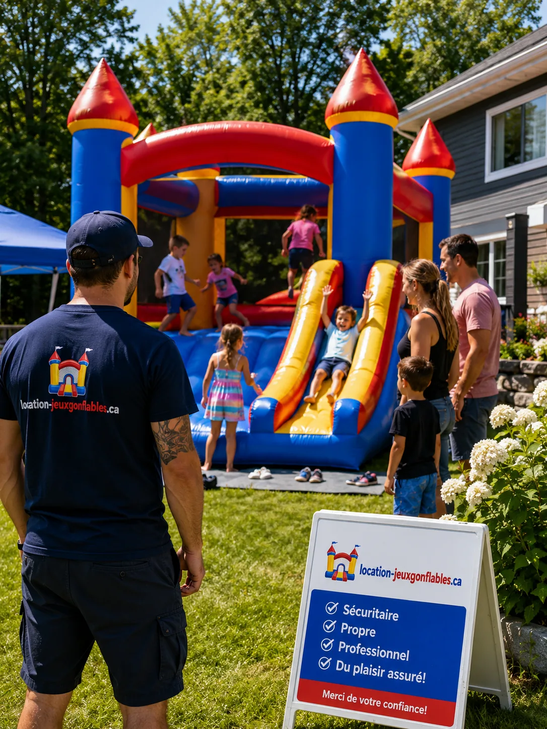 Château gonflable pour fête d'enfants dans une cour